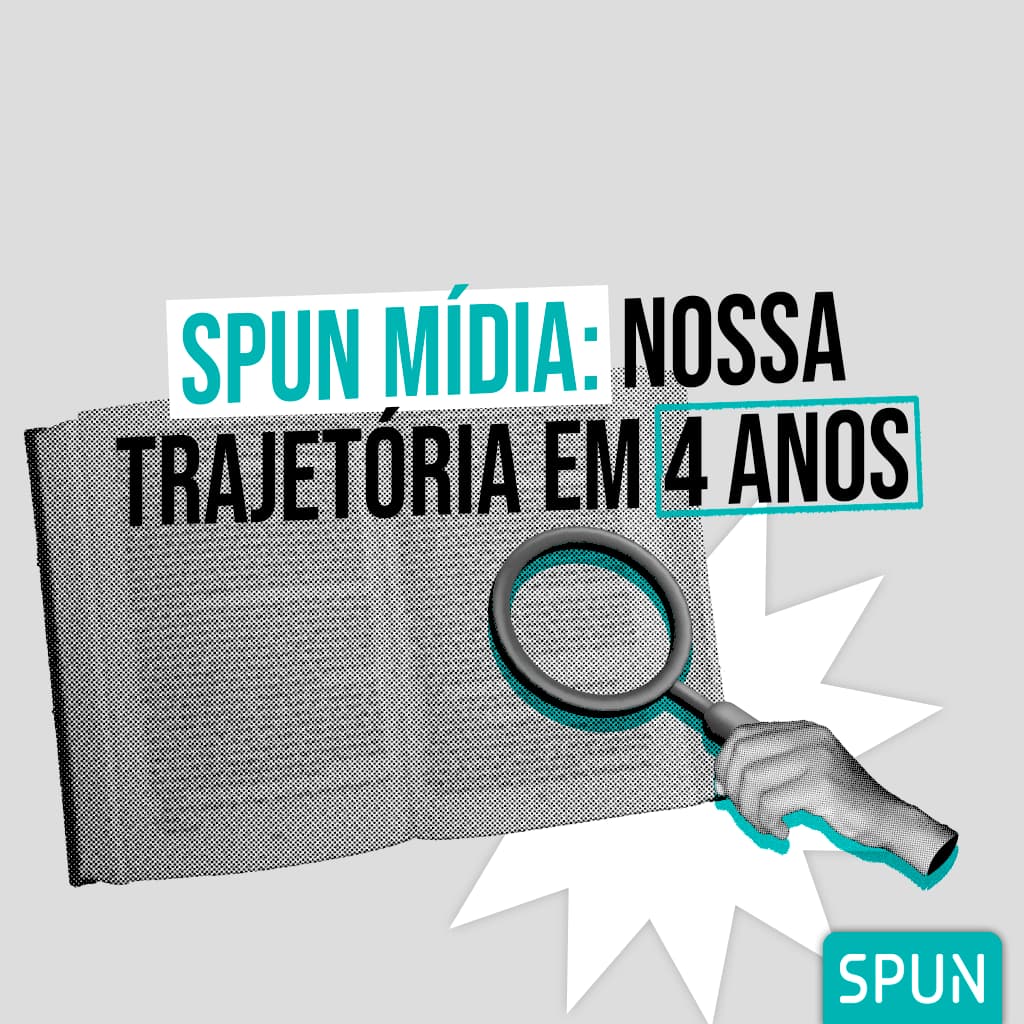 Capa ilustrativa com o título “Spun Mídia: Nossa trajetória em 4 anos”, representando a evolução da empresa.