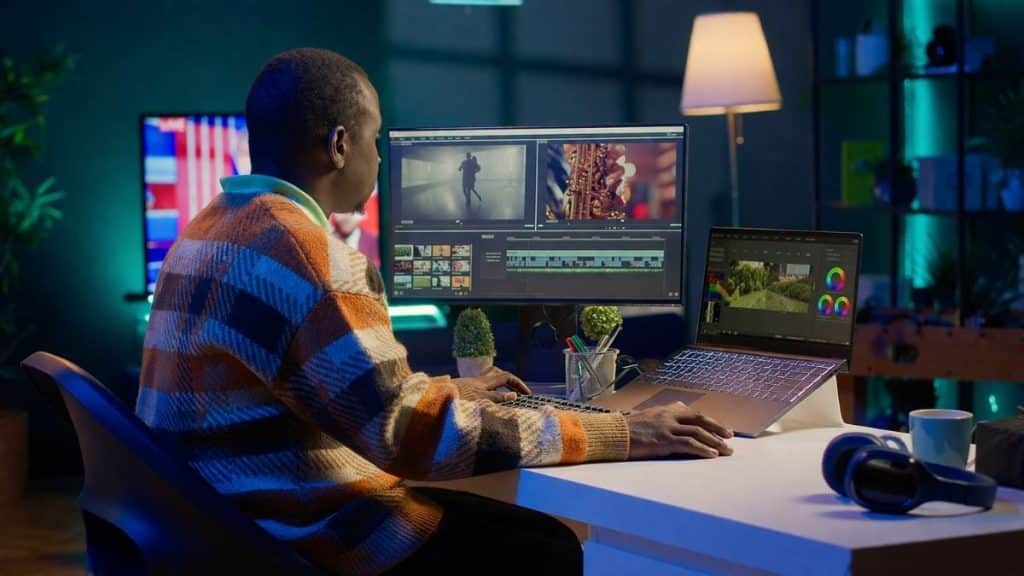 Profissional trabalhando na edição de vídeos de campanhas digitais em um setup com dois monitores, exibindo timeline de edição, ajustes de cor e análise visual de conteúdo para otimização de performance