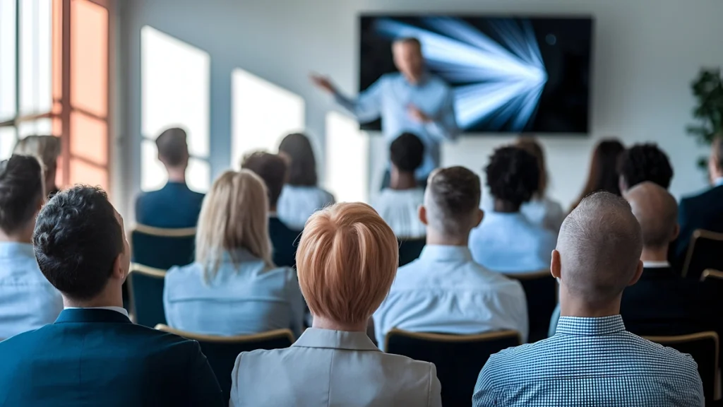 Profissionais assistindo a uma apresentação corporativa sobre aquisição de audiência no marketing digital, representando estratégias de mídia, dados e crescimento sustentável.