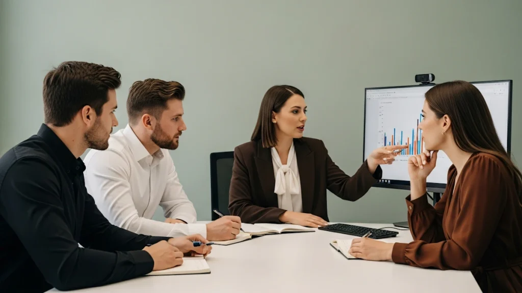 Equipe reunida em sala de reunião analisando gráficos de performance e métricas de campanhas digitais em tela de monitor corporativo.
