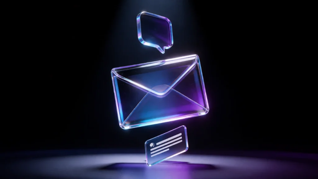 Ilustração digital de envelope e notificações flutuando em fundo escuro, representando estratégias de e-mail marketing, push notifications e retenção de audiência digital.