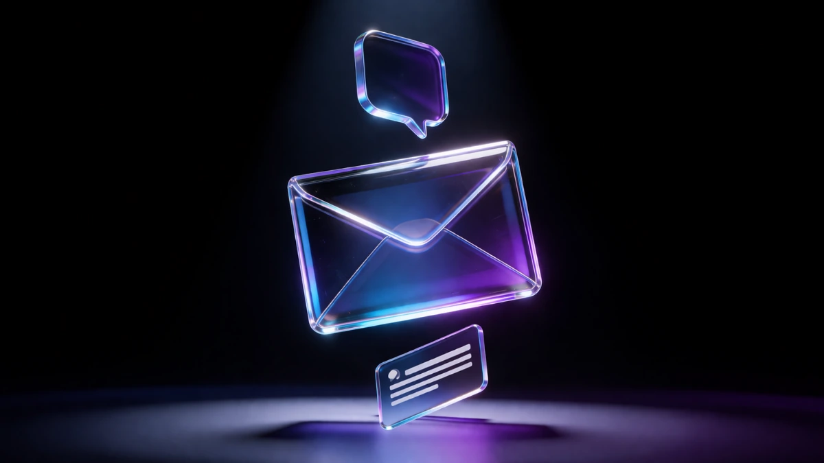 Ilustração digital de envelope e notificações flutuando em fundo escuro, representando estratégias de e-mail marketing, push notifications e retenção de audiência digital.