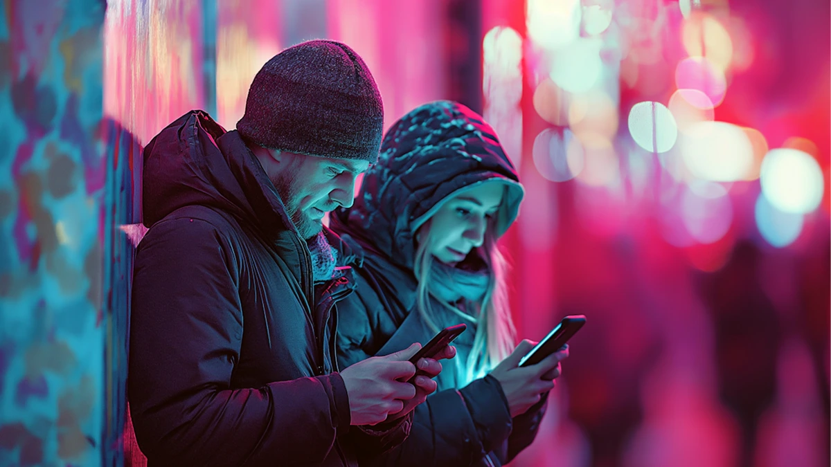 Duas pessoas usam celulares em ambiente urbano iluminado, representando engajamento de audiência digital e disputa por atenção