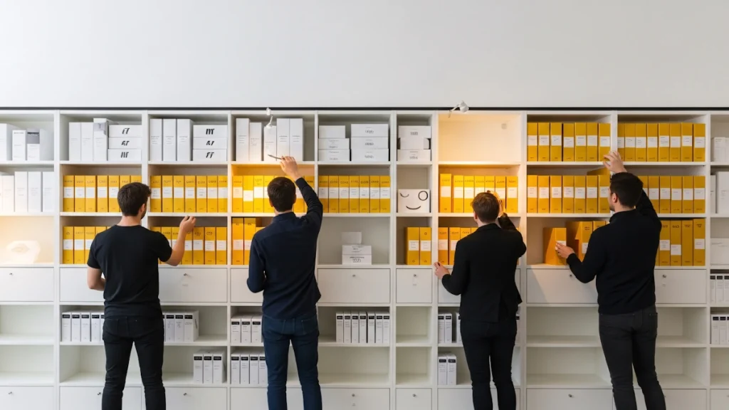 Profissionais organizando arquivos em estantes, representando estruturação de dados e inteligência de audiência para retenção digital.