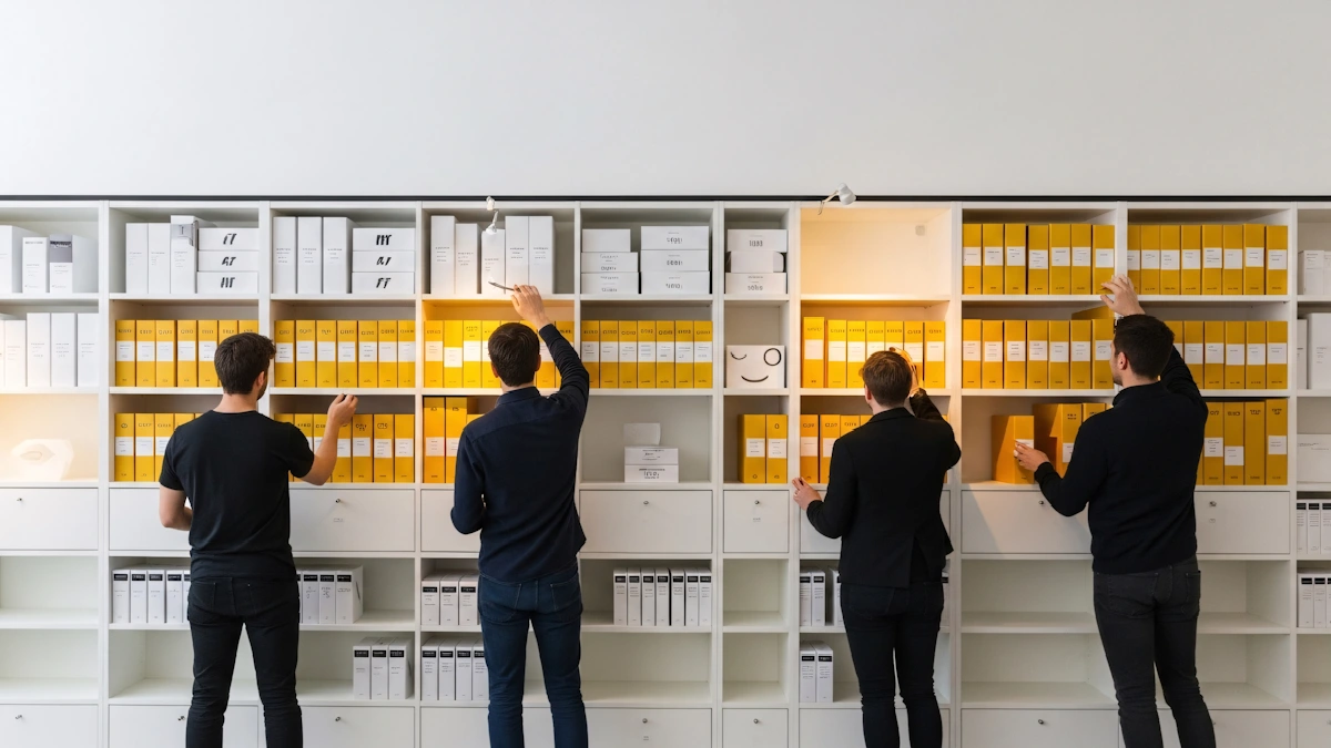 Profissionais organizando arquivos em estantes, representando estruturação de dados e inteligência de audiência para retenção digital.