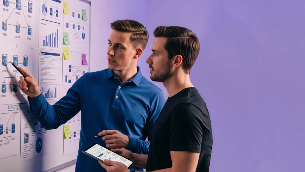 Profissionais analisam gráficos e fluxos de dados em painel, representando uma estratégia de first-party data na publicidade digital