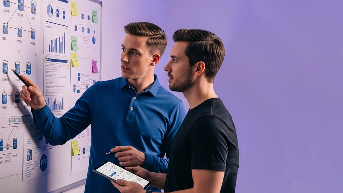 Profissionais analisam gráficos e fluxos de dados em painel, representando uma estratégia de first-party data na publicidade digital