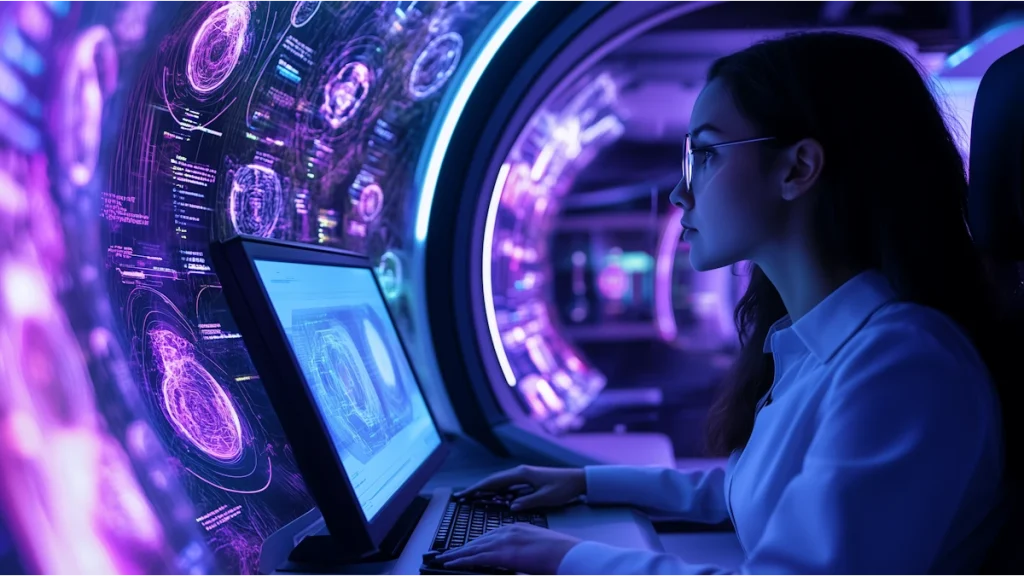 Profissional analisa dados em painel digital futurista, representando tecnologia e inteligência aplicada à monetização de tráfego digital