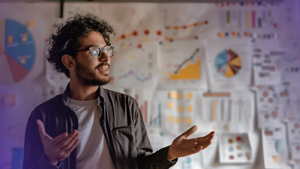 Profissional analisando gráficos e métricas de publicidade orientada por dados em ambiente de performance digital