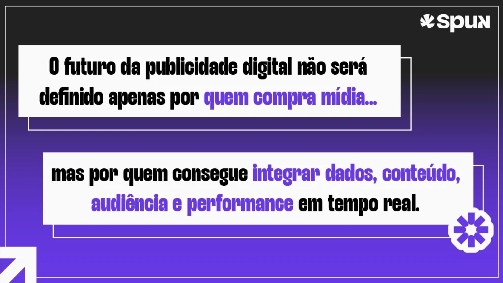 Arte institucional da Spun com frase sobre o futuro da publicidade digital baseada em integração entre dados, conteúdo, audiência e performance.