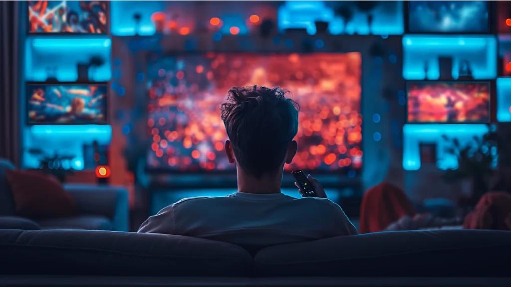 Pessoa assistindo conteúdos digitais em ambiente iluminado por múltiplas telas representando consumo fragmentado de mídia e distribuição digital