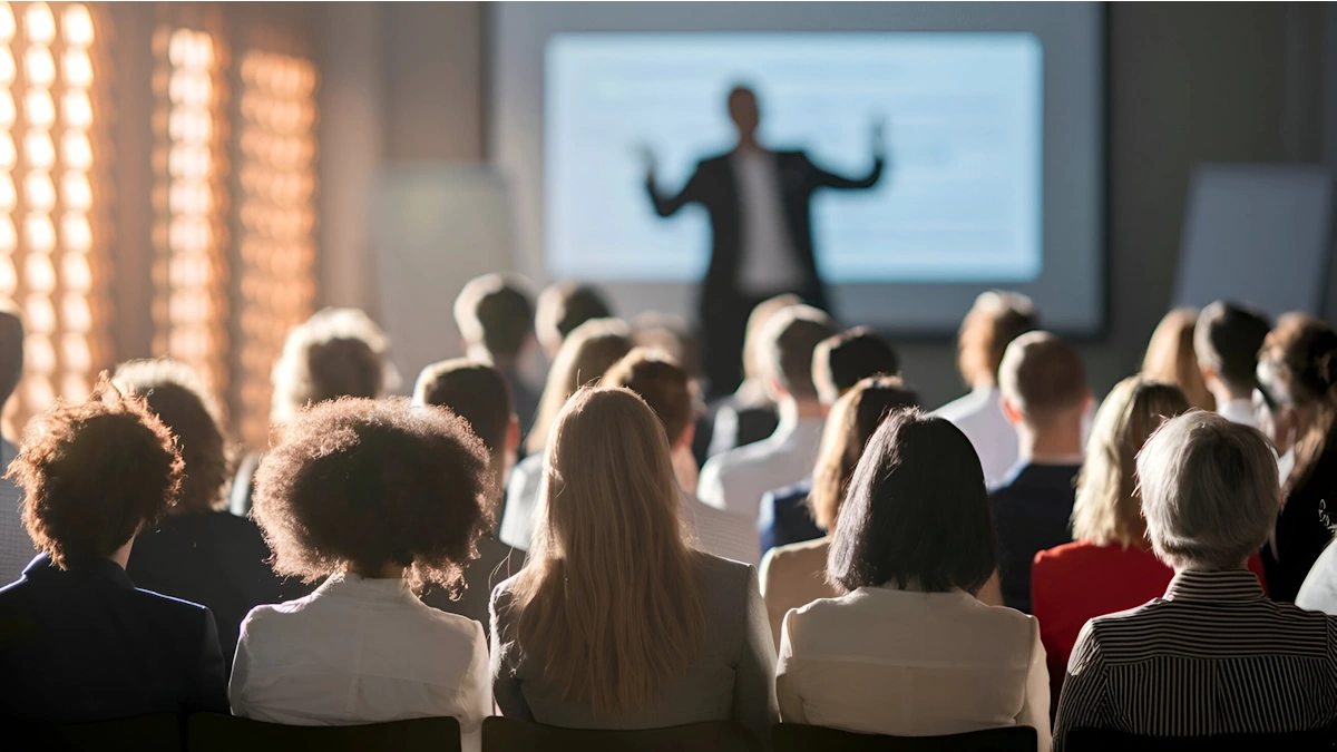 Audiência acompanha apresentação em evento corporativo sobre atenção do usuário na publicidade digital e comportamento de consumo online.