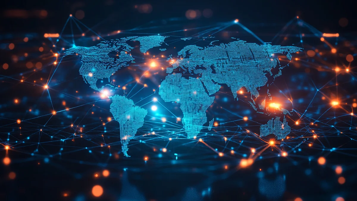 Mapa digital global conectado por redes de dados representando canais próprios de comunicação, audiência proprietária e distribuição digital.