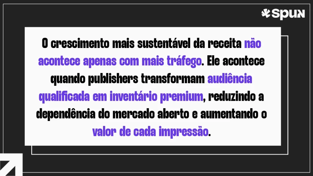 Citação destacada sobre monetização de audiência afirmando que o crescimento sustentável da receita ocorre quando publishers transformam audiência qualificada em inventário premium, aumentando o valor de cada impressão.