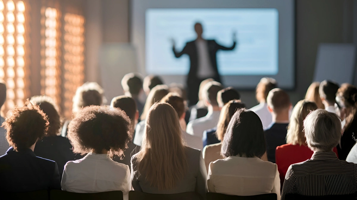 Dados de audiência no marketing digital representados por uma apresentação para público profissional sobre comportamento, análise de audiência e estratégias de crescimento digital