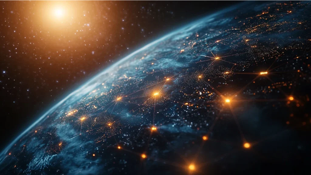 Distribuição de audiência em múltiplos canais representada por uma rede global de conexões digitais entre diferentes pontos de contato e plataformas