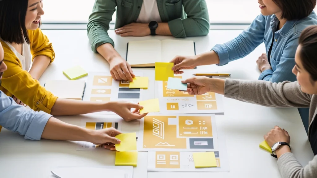 Equipe organiza post-its sobre uma mesa durante planejamento de estratégia para personalização de campanhas digitais