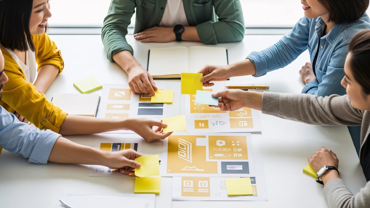 Equipe organiza post-its sobre uma mesa durante planejamento de estratégia para personalização de campanhas digitais