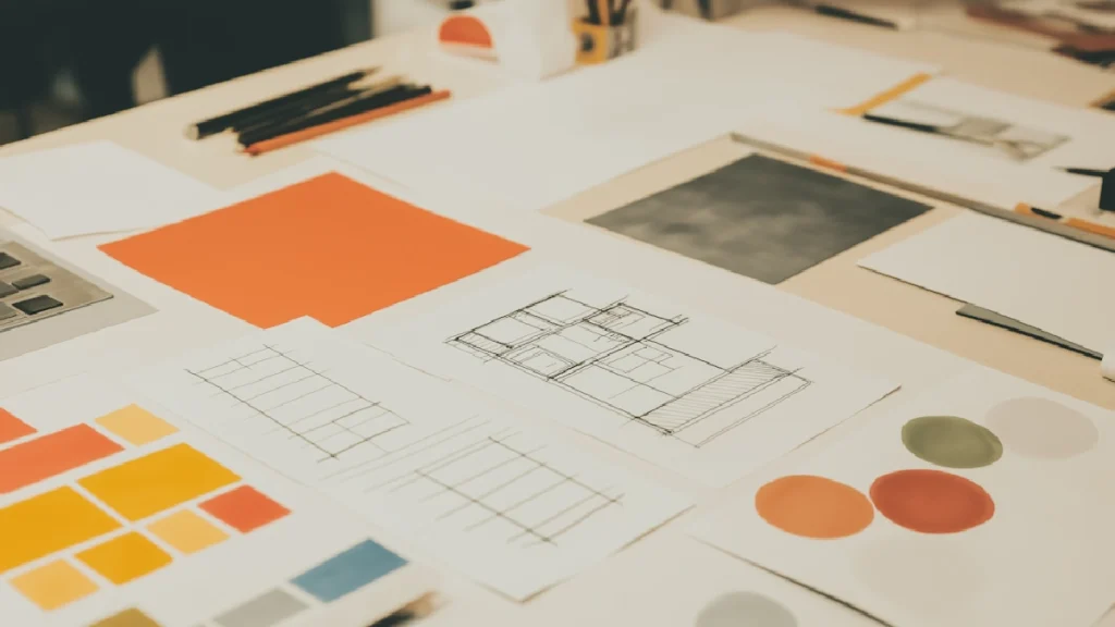 Fotografia de uma mesa de trabalho com materiais de design e planejamento. Sobre a superfície há amostras de cores, folhas com esboços e wireframes, lápis, óculos e outros itens de criação, representando processos de desenvolvimento visual, estratégia e organização de projetos.