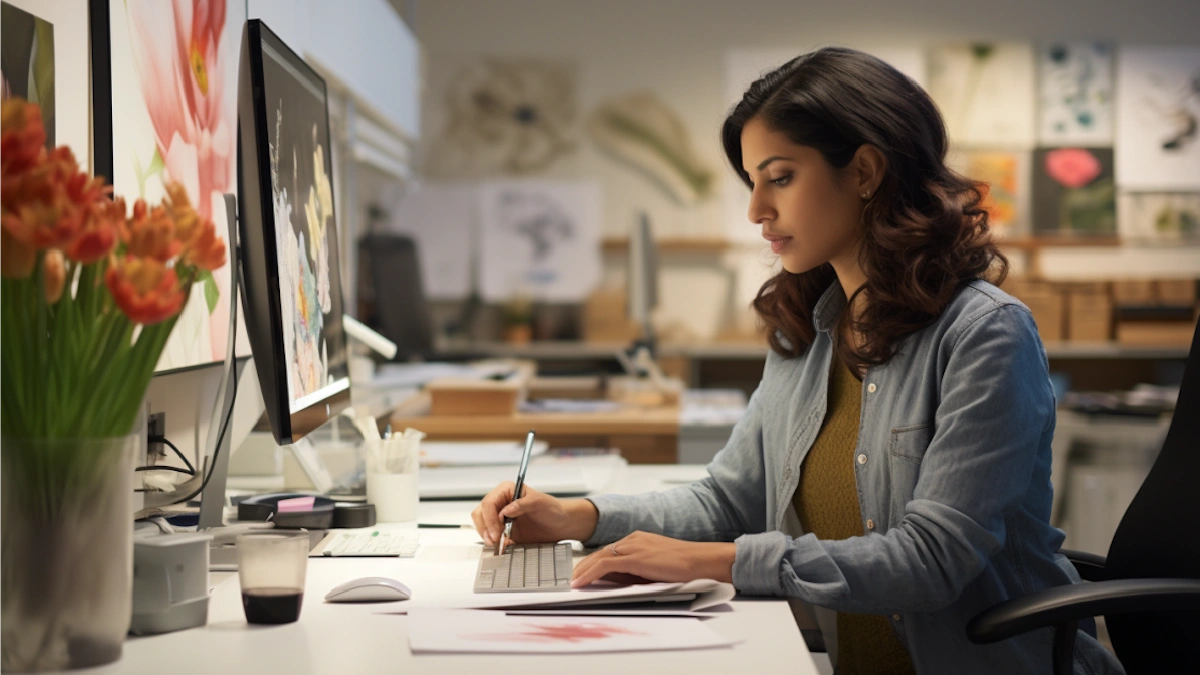 Profissional trabalha em computador em ambiente criativo, representando a análise da experiência do usuário na publicidade digital