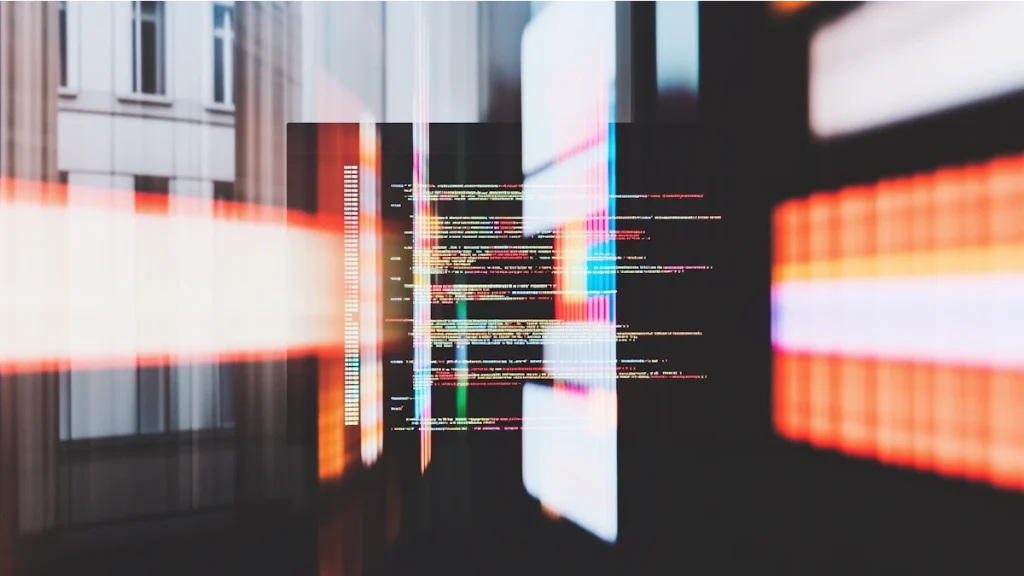 Representação visual de tecnologia aplicada ao inventário publicitário digital, com linhas de código e interfaces digitais simbolizando automação, mídia programática, dados de audiência e compra de mídia em tempo real.