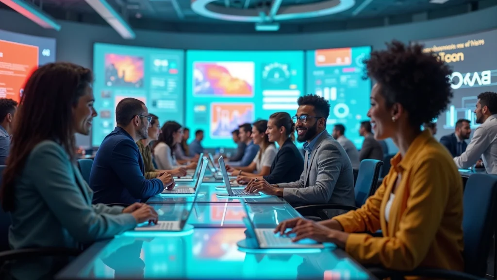 Profissionais de marketing trabalham em laptops durante reunião em ambiente tecnológico, com telas digitais e gráficos ao fundo representando análise de dados e audiência