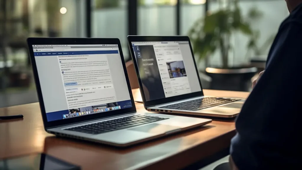 Profissional gerencia campanhas de segmentação de audiência na publicidade digital em plataformas de anúncios exibidas em dois notebooks.
