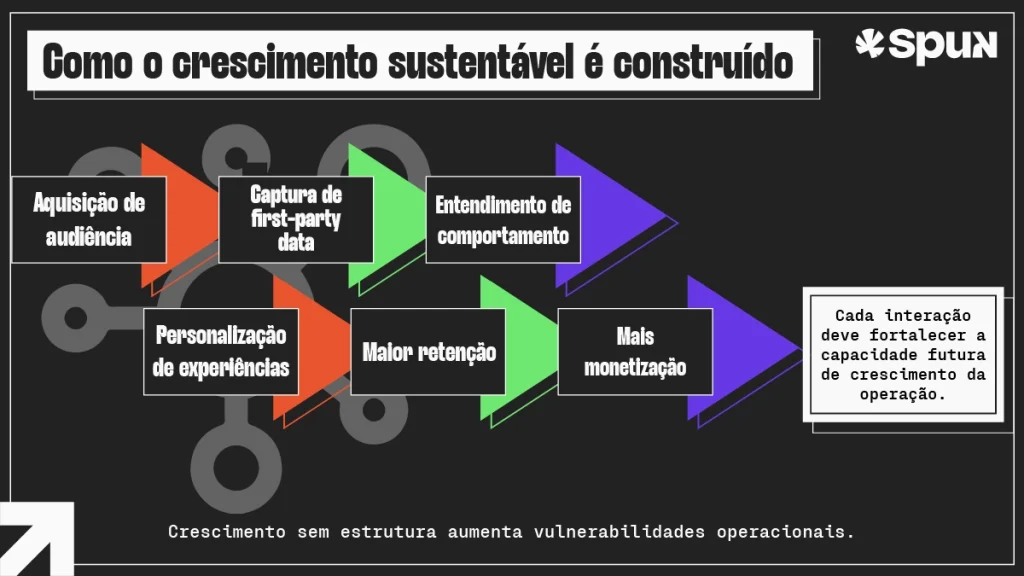 Fluxograma sobre sustentabilidade do crescimento digital mostrando aquisição de audiência, first-party data, personalização, retenção e monetização como etapas integradas