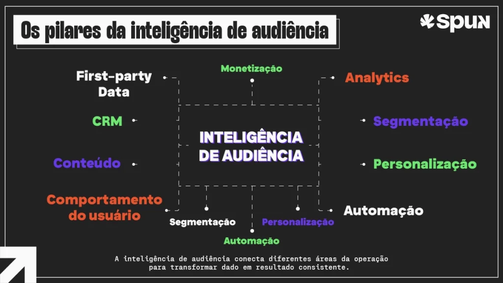 Diagrama com os principais pilares da inteligência de audiência, incluindo first-party data, CRM, analytics, segmentação, personalização, automação, conteúdo, comportamento do usuário e monetização.