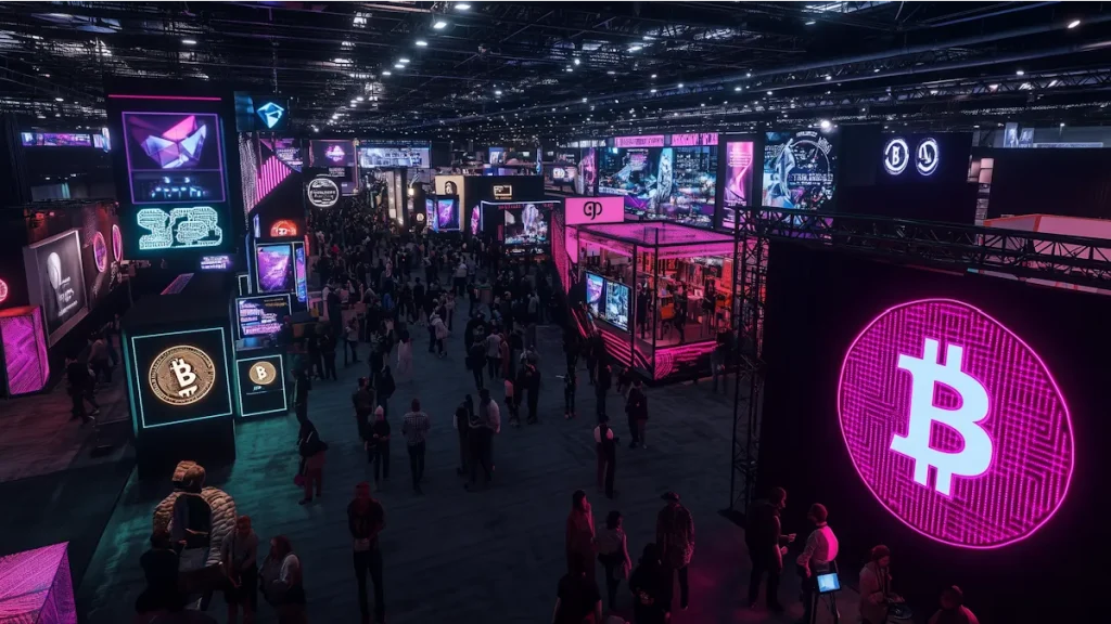 Evento de tecnologia e marketing digital com estandes e painéis iluminados, representando o ambiente competitivo das campanhas digitais e da inovação em mídia.