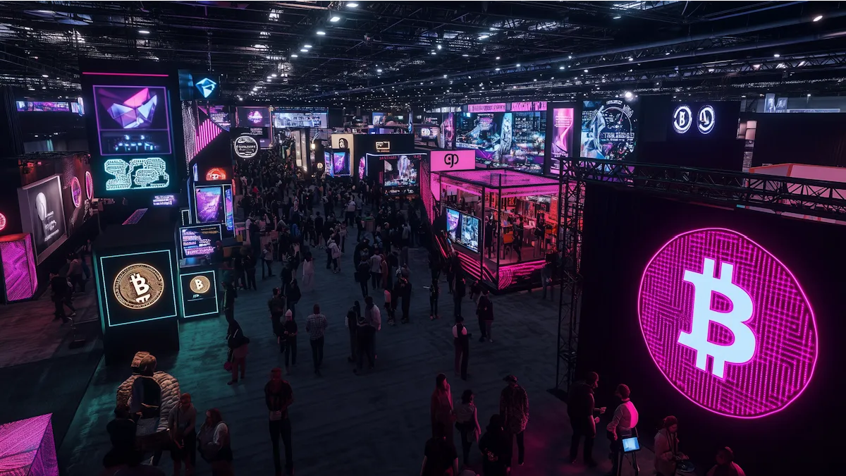 Evento de tecnologia e marketing digital com estandes e painéis iluminados, representando o ambiente competitivo das campanhas digitais e da inovação em mídia.