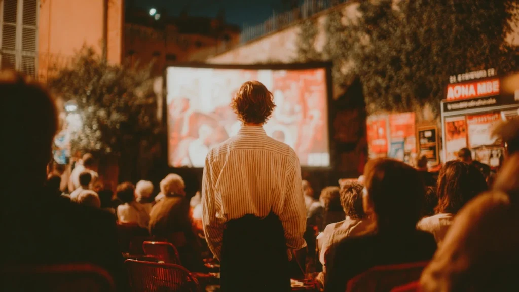 Plateia assistindo a uma sessão de cinema ao ar livre à noite, reunida em torno de uma experiência compartilhada de Earned Media