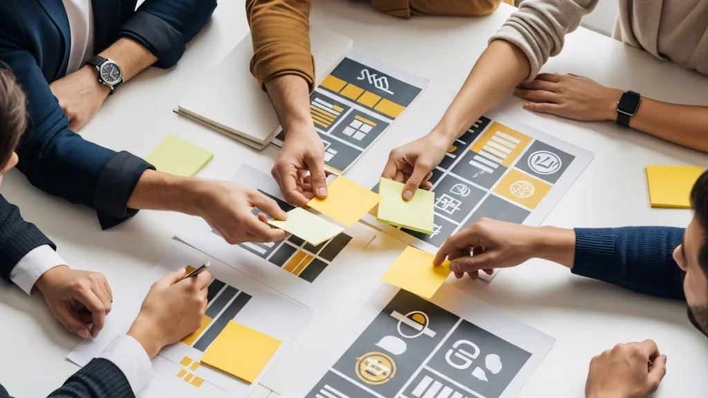 Equipe reunida em torno de uma mesa analisa mapas de jornada e organiza ideias com notas adesivas para planejar uma estratégia de aquisição de clientes