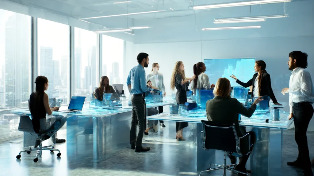 Equipe multidisciplinar analisa dados e discute estratégias para melhorar a experiência do cliente digital em ambiente corporativo.