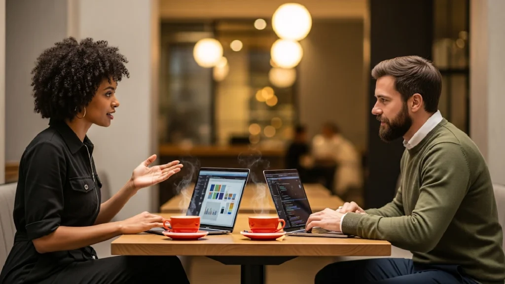 Profissionais conversam diante de laptops durante análise de dados para gestão de reputação online.