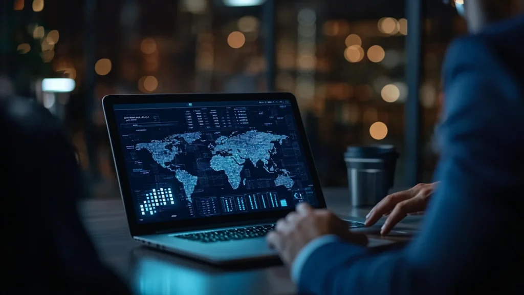 Pessoa utiliza um notebook com painéis de análise de dados e mapa-múndi digital exibidos na tela, representando monitoramento de informações e tomada de decisões orientadas por dados em ambiente corporativo.