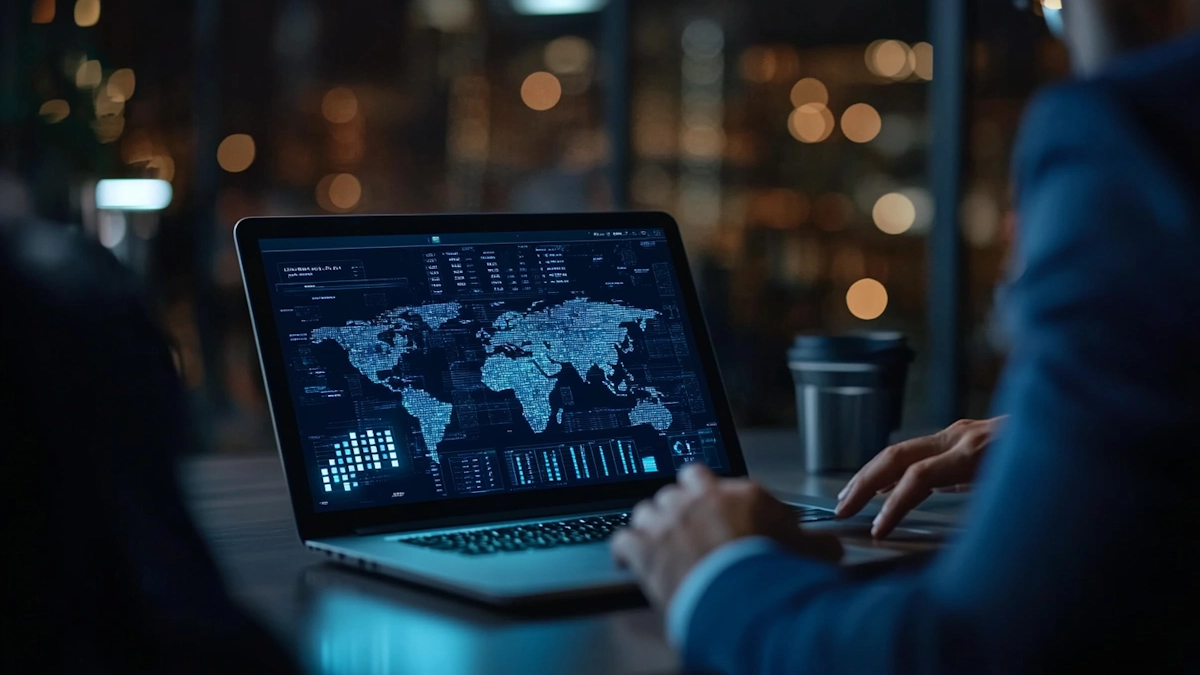 Pessoa utiliza um notebook com painéis de análise de dados e mapa-múndi digital exibidos na tela, representando monitoramento de informações e tomada de decisões orientadas por dados em ambiente corporativo.