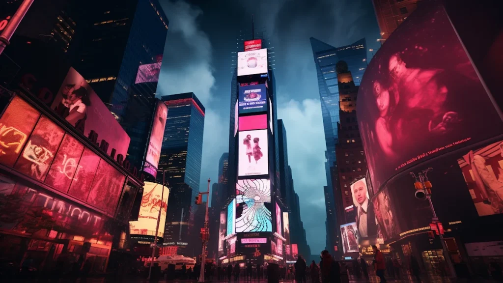 Telões publicitários iluminados em avenida urbana à noite.