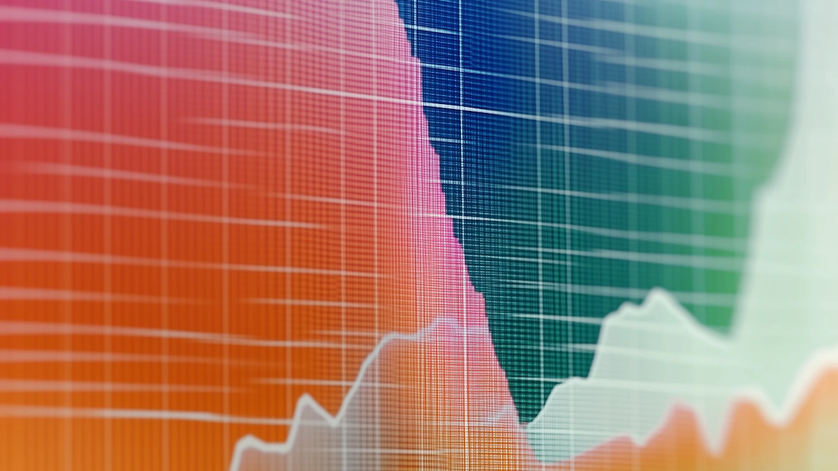 Close-up em uma tela digital exibindo um gráfico financeiro ou estatístico abstrato sobreposto a uma grade de linhas. O fundo possui transições de cores em tons de vermelho, azul e verde, com linhas brancas simulando curvas de performance em foco seletivo.