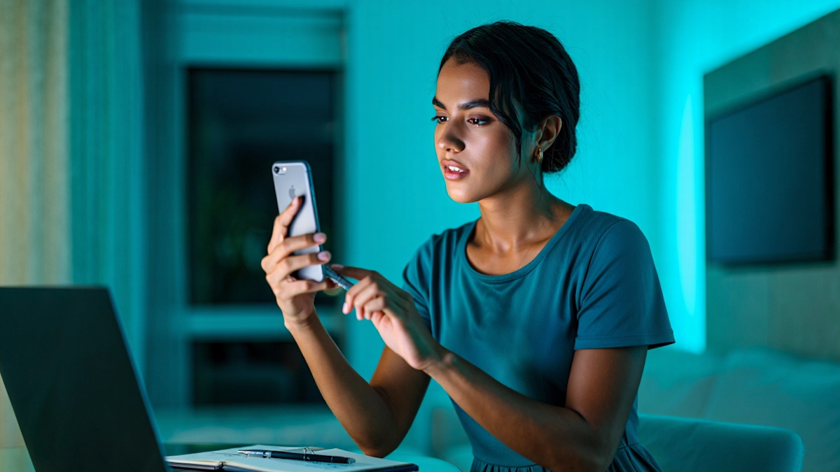 Profissional analisa dados no smartphone durante uma estratégia de atribuição de marketing para avaliar campanhas e investimentos em mídia digital.