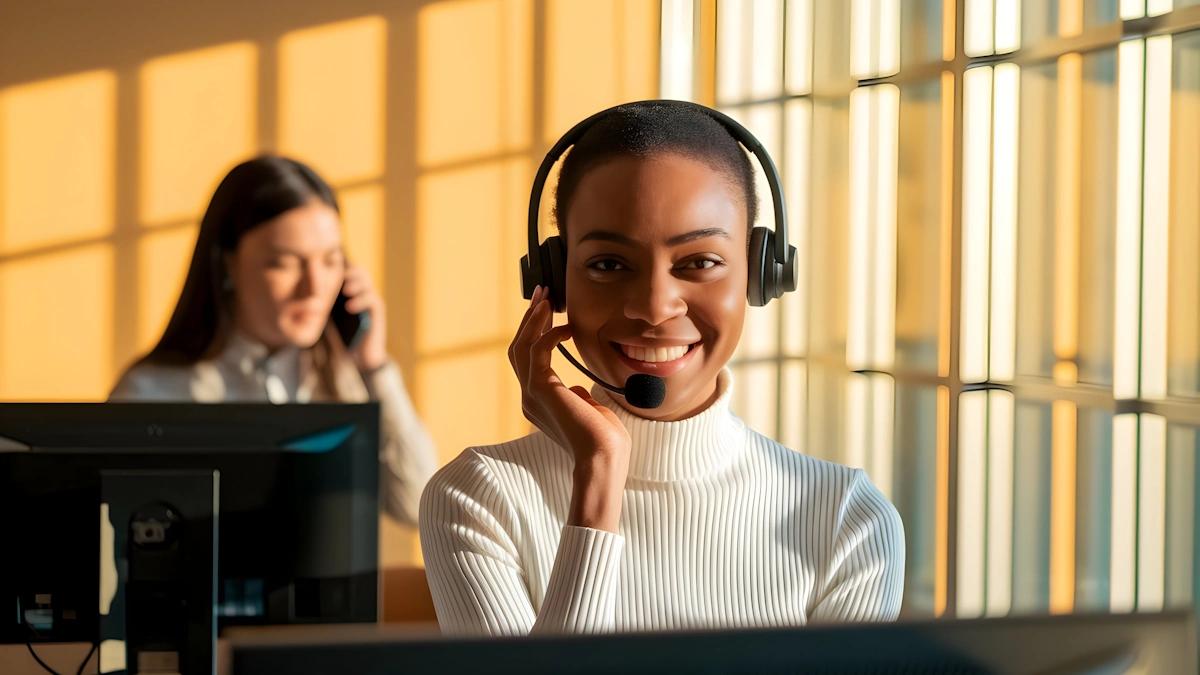 Profissional utilizando headset em ambiente corporativo enquanto atende uma operação de mídia e marketing digital.