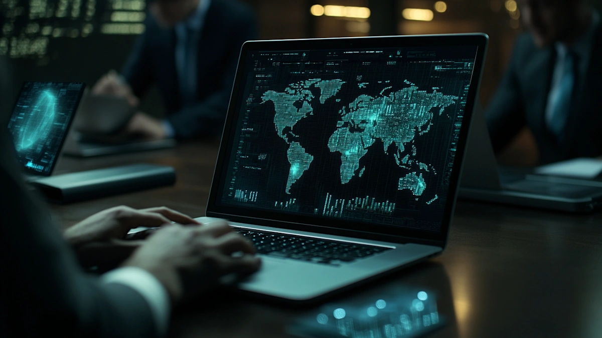 Profissional utiliza notebook com mapa digital e dados globais, representando Search Engine Marketing, inteligência artificial e descoberta distribuída