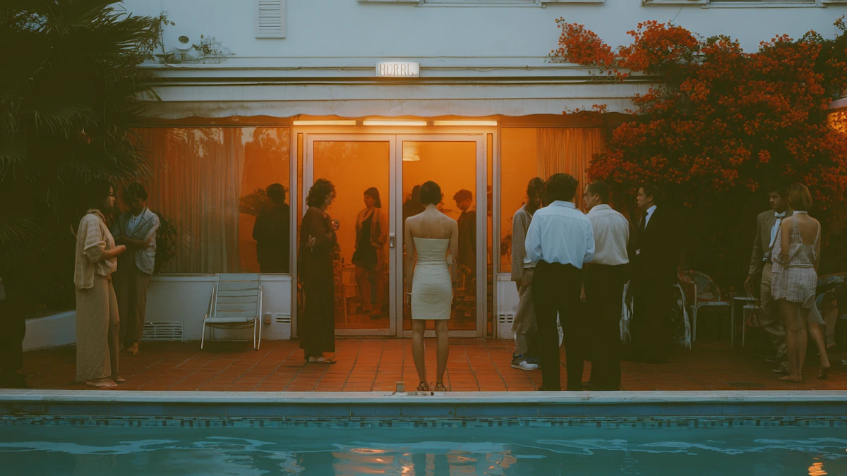 Pessoas reunidas ao redor de uma piscina durante um evento, em uma representação de conexão, comunidade e descoberta nas redes sociais.
