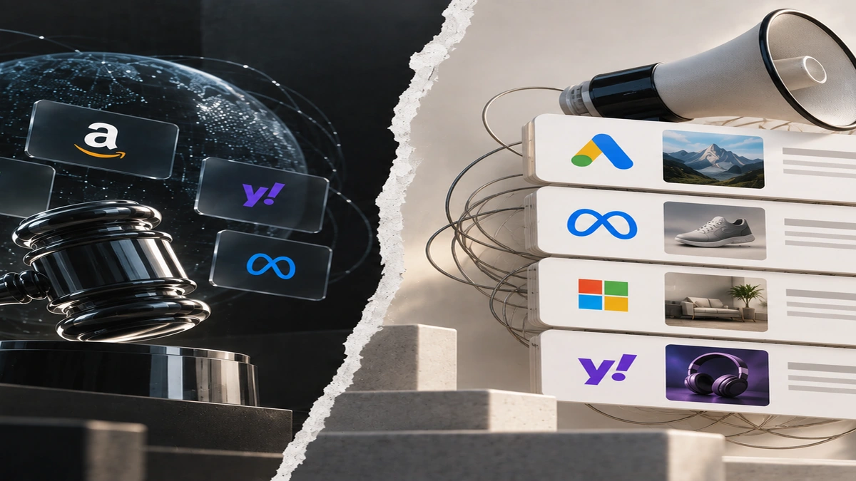 Ilustração de Ad Exchange e redes de anúncios com logos de Amazon, Yahoo, Meta, Google Ads e Microsoft