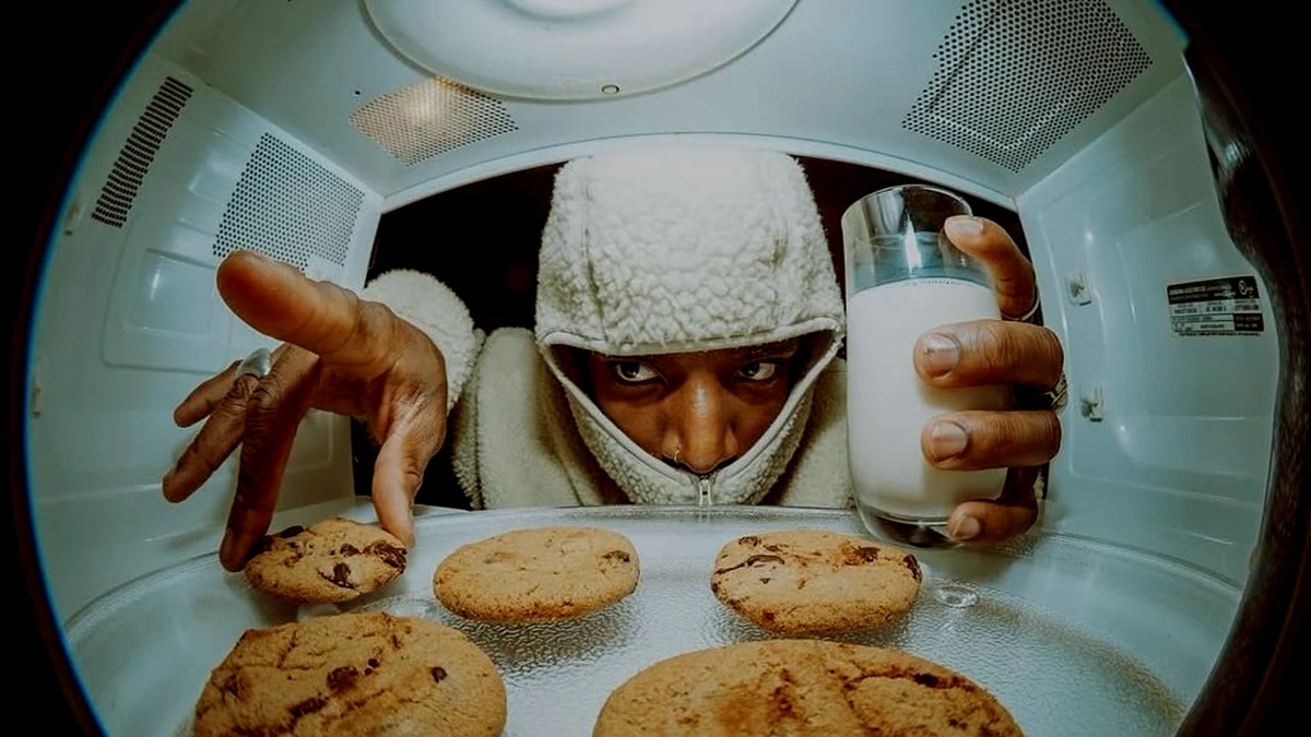 Mão pegando biscoitos (cookies) e copo de leite, vistos de dentro de um forno micro-ondas em ângulo olho de peixe, ilustrando a matéria sobre o fim dos cookies de terceiros.