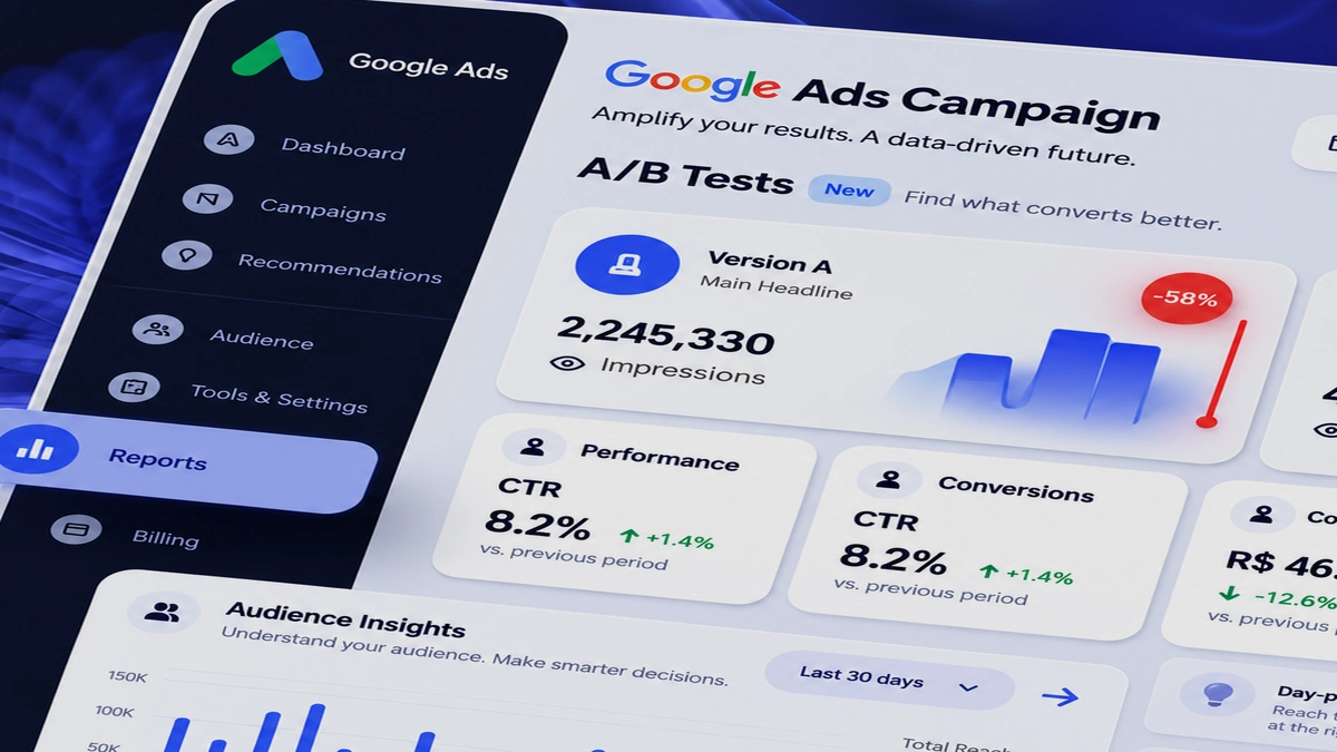 Google Ads com painel de campanhas, testes A/B, métricas de desempenho, conversões e insights de audiência