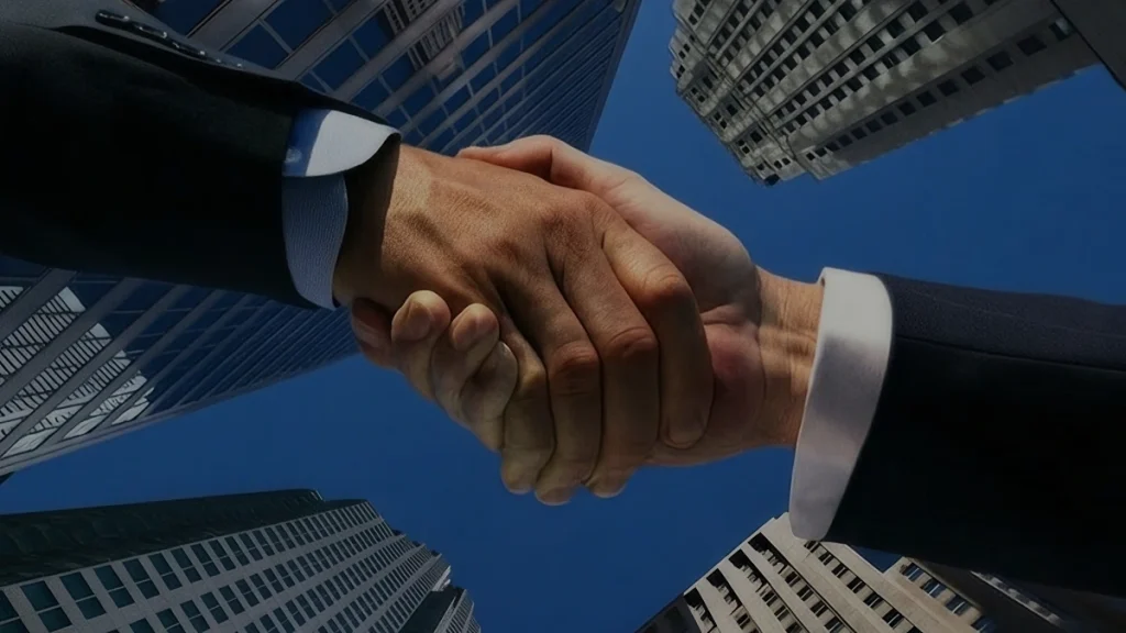 Aperto de mãos entre executivos, representando acordos de mídia programática direta