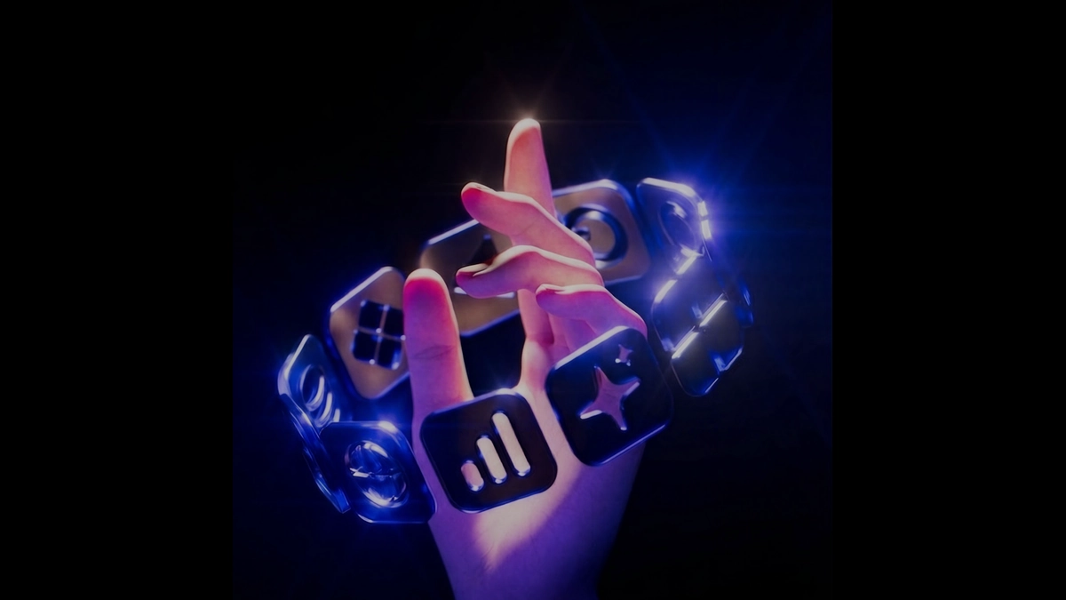 Mão cercada por ícones digitais iluminados em azul, representando métricas e plataformas de anúncios