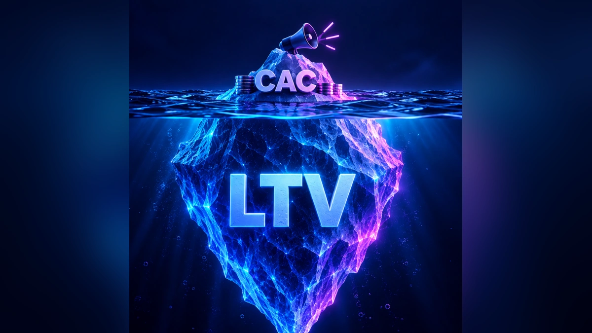 Iceberg com CAC na ponta acima da água e LTV na parte submersa, ilustrando mídia paga orientada por LTV e CAC