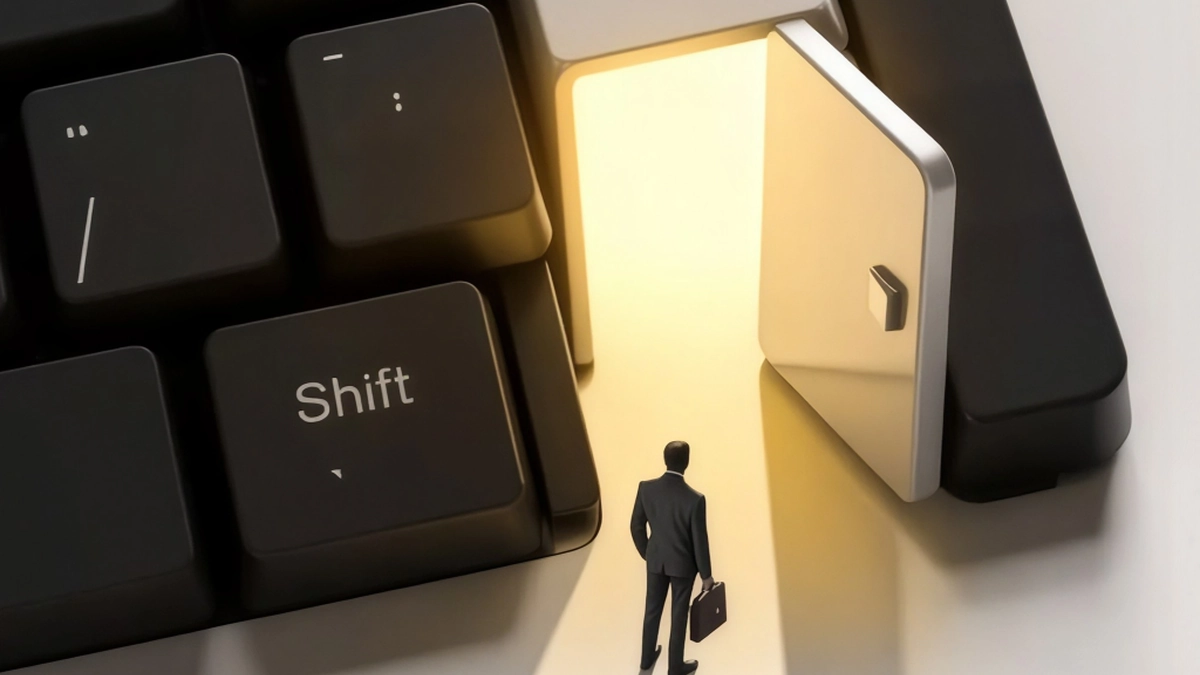 Ilustração de homem de terno diante de uma porta iluminada na tecla Enter, representando o retorno do visitante no remarketing